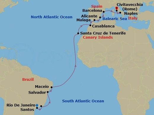 19 Night - Msc Grand Voyages - MSC Divina - Starting in Santos (Sao Paulo), Brazil, Rio De Janeiro, Brazil, Salvador, Brazil, Maceio, Brazil, Santa Cruz de Tenerife, Casablanca (Marrakesh), Morocco, Malaga (Granada), Spain, Alicante, Spain, Barcelona, Spain, Naples (Pompeii), Italy, Civitavecchia (Rome), Italy itinerary map