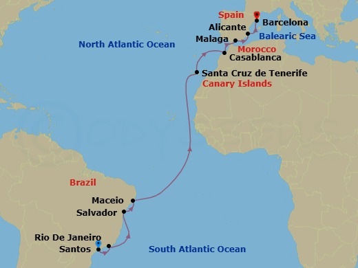 16 Night - Msc Grand Voyages - MSC Divina - Starting in Santos (Sao Paulo), Brazil, Rio De Janeiro, Brazil, Salvador, Brazil, Maceio, Brazil, Santa Cruz de Tenerife, Casablanca (Marrakesh), Morocco, Malaga (Granada), Spain, Alicante, Spain, Barcelona, Spain itinerary map