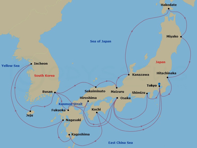 28 Night - South Korea Discovery & Circle Japan - Noordam - Starting in Tokyo, Japan, Kochi, Japan, Kagoshima, Japan, Nagasaki, Japan, Incheon (Seoul), South Korea, Jeju (Cheju) City, South Korea, Busan (Pusan), South Korea, Fukuoka (Hakata), Japan, Scenic Cruising Kanmon Straits, Osaka, Japan, Tokyo, Japan, Shimizu, Japan, Osaka, Japan, Hiroshima, Japan, Scenic Cruising Kanmon Straits, Busan (Pusan), South Korea, Sakaiminato, Japan, Scenic cruising Maizuru Bay, Maizuru, Japan, Kanazawa, Japan, Hakodate, Japan, Miyako, Japan, Hitachinaka, Japan, Tokyo, Japan itinerary map