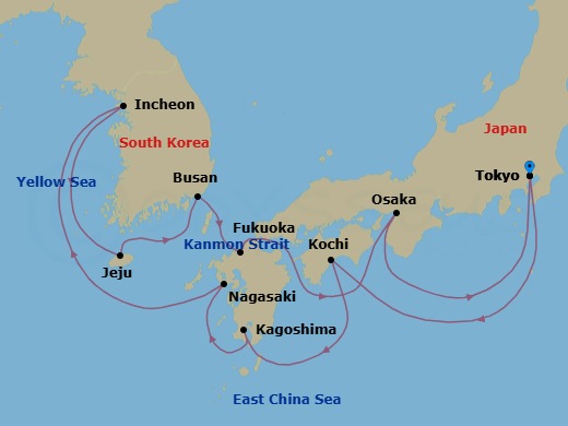14 Night - Japan & South Korea Discovery - Noordam - Starting in Tokyo, Japan, Kochi, Japan, Kagoshima, Japan, Nagasaki, Japan, Incheon (Seoul), South Korea, Jeju (Cheju) City, South Korea, Busan (Pusan), South Korea, Fukuoka (Hakata), Japan, Scenic Cruising Kanmon Straits, Osaka, Japan, Tokyo, Japan itinerary map