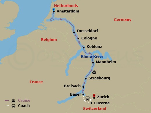 10 Night - Christmas Markets On the Rhine & Lucerne - Zurich - Emerald Sky - Starting in Amsterdam, Dusseldorf / Cologne, Koblenz, Mannheim, Strasbourg, Breisach, Basel (Huningue) Lucerne, Lucerne, Lucerne / Zurich, Zurich itinerary map