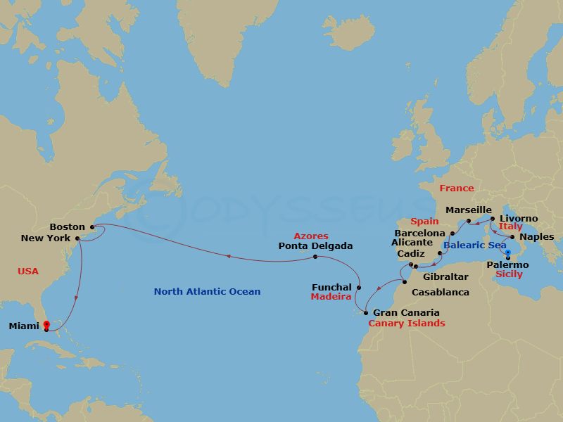 26 Night - MSC Grand Voyages - MSC Meraviglia - Starting in Palermo (Monreale), Italy, Naples (Pompeii), Italy, Livorno (Florence), Italy, Marseille (Provence), France, Barcelona, Spain, Alicante, Spain, Gibraltar, Cadiz (Seville), Spain, Casablanca (Marrakesh), Morocco, Las Palmas de Gran Canaria (Canary Islands), Spain, Funchal (Madeira Islands), Portugal, Ponta Delgada (Azores), Portugal, Boston, New York City (Brooklyn), New York, Miami, Florida itinerary map
