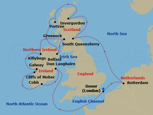 14 Night - Wild British Isles : Belfast - Nieuw Statendam - Starting in Dover UK (London), England, Rotterdam, the Netherlands, South Queensferry (Edinburgh), Scotland, United Kingdom, Invergordon (Inverness), Scotland, United Kingdom, Portree (Isle of Skye), Scotland, United Kingdom, Belfast, Northern Ireland, United Kingdom, Greenock (Glasgow), Scotland, United Kingdom, Killybegs, Donegal, Ireland, Galway, Ireland, Scenic cruising Cliffs of Moher, Cobh (Cork), Ireland, Dun Laoghaire (Dublin), Ireland, Dover UK (London), England itinerary map