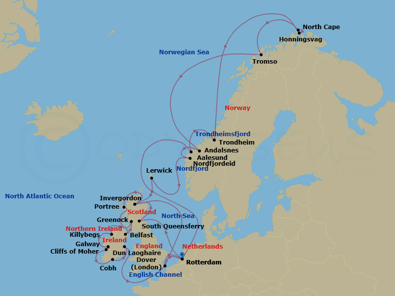 28 Night - Arctic Circle & British Isles - Nieuw Statendam - Starting in Rotterdam, the Netherlands, Alesund, Norway, Trondheim, Norway, Scenic Cruising Trondheimsfjord, Honningsvag, Norway, Scenic Cruising North Cape, Tromso, Norway, Andalsnes, Norway, Nordfjordeid, Norway, Scenic Cruising Nordfjord, Lerwick, Shetland Islands, United Kingdom, Invergordon (Inverness), Scotland, United Kingdom, Dover UK (London), England, Rotterdam, the Netherlands, South Queensferry (Edinburgh), Scotland, United Kingdom, Invergordon (Inverness), Scotland, United Kingdom, Portree (Isle of Skye), Scotland, United Kingdom, Belfast, Northern Ireland, United Kingdom, Greenock (Glasgow), Scotland, United Kingdom, Killybegs, Donegal, Ireland, Galway, Ireland, Scenic cruising Cliffs of Moher, Cobh (Cork), Ireland, Dun Laoghaire (Dublin), Ireland, Dover UK (London), England, Rotterdam, the Netherlands itinerary map