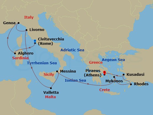 11 Night - Mediterranean with Greek Isles & Italy - Enchanted Princess - Starting in Civitavecchia (for Rome), Italy, Sardinia (Alghero), Italy, Genoa (for Cinque Terre), Italy, Livorno (for Florence / Pisa), Italy, Valletta, Malta, Sicily (Messina), Italy, Mykonos, Greece, Rhodes, Greece, Kusadasi, Turkey (for Ephesus), Athens (Piraeus), Greece itinerary map