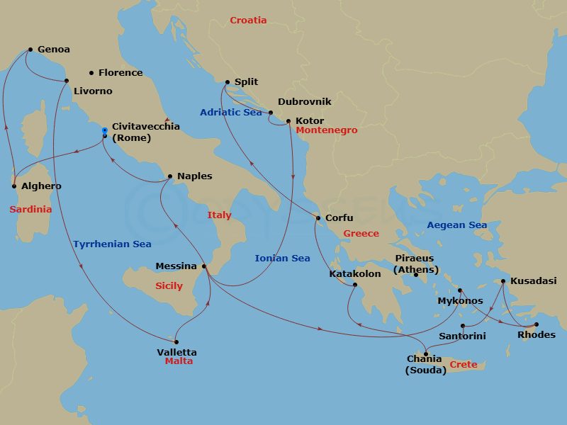 21 Night - The Best of the Mediterranean - Enchanted Princess - Starting in Civitavecchia (for Rome), Italy, Sardinia (Alghero), Italy, Genoa (for Cinque Terre), Italy, Livorno (for Florence / Pisa), Italy, Valletta, Malta, Sicily (Messina), Italy, Mykonos, Greece, Rhodes, Greece, Kusadasi, Turkey (for Ephesus), Athens (Piraeus), Greece, Santorini, Greece, Crete (Chania), Greece, Katakolon (for Olympia), Greece, Corfu, Greece, Split, Croatia, Dubrovnik, Croatia, Kotor, Montenegro, Naples, Italy (for Capri and Pompeii), Civitavecchia (for Rome), Italy itinerary map