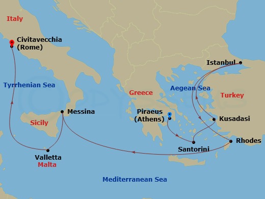 11 Night - Mediterranean with Greek Isles & Turkey - Enchanted Princess - Starting in Athens (Piraeus), Greece, Santorini, Greece, Kusadasi, Turkey (for Ephesus), Istanbul, Turkey, Rhodes, Greece, Sicily (Messina), Italy, Valletta, Malta, Civitavecchia (for Rome), Italy itinerary map