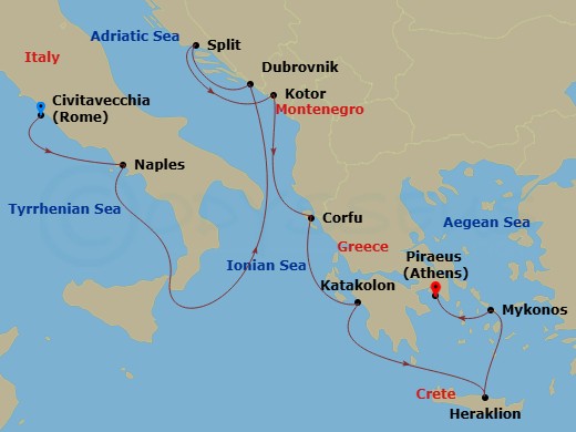 10 Night - Mediterranean with Greek Isles & Italy - Enchanted Princess - Starting in Civitavecchia (for Rome), Italy, Naples, Italy (for Capri and Pompeii), Dubrovnik, Croatia, Split, Croatia, Kotor, Montenegro, Corfu, Greece, Katakolon (for Olympia), Greece, Crete (Heraklion), Greece, Mykonos, Greece, Athens (Piraeus), Greece itinerary map