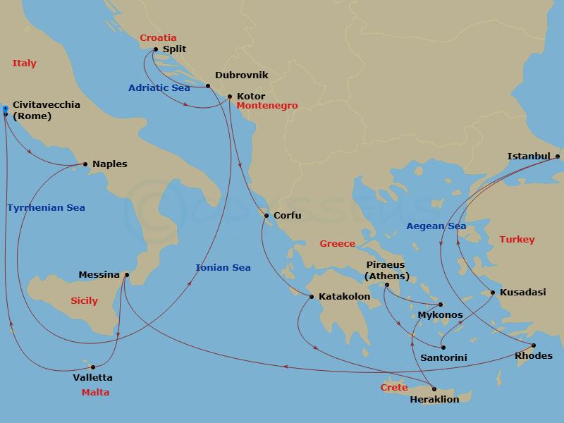 21 Night - The Best of the Mediterranean - Enchanted Princess - Starting in Civitavecchia (for Rome), Italy, Naples, Italy (for Capri and Pompeii), Dubrovnik, Croatia, Split, Croatia, Kotor, Montenegro, Corfu, Greece, Katakolon (for Olympia), Greece, Crete (Heraklion), Greece, Mykonos, Greece, Athens (Piraeus), Greece, Santorini, Greece, Kusadasi, Turkey (for Ephesus), Istanbul, Turkey, Rhodes, Greece, Sicily (Messina), Italy, Valletta, Malta, Civitavecchia (for Rome), Italy itinerary map