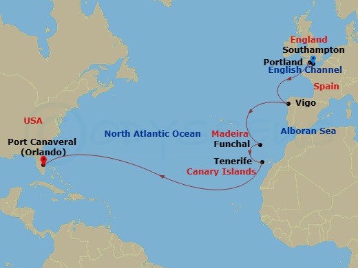 15 Night - Spain & Portugal Passage - Sky Princess - Starting in Southampton (for London), England, Portland UK, Vigo, Spain (for Santiago de Compostela), Madeira (Funchal), Portugal, Santa Cruz de Tenerife, Port Canaveral (Orlando), Florida itinerary map