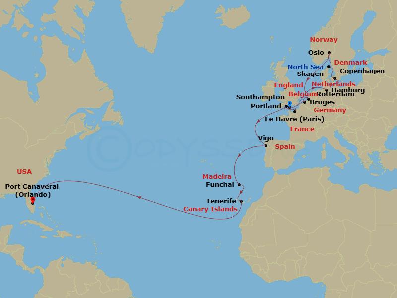 27 Night - Northern Europe & Canary Islands Grand Adventure - Sky Princess - Starting in Southampton (for London), England, Hamburg, Germany (for Berlin), Copenhagen, Denmark, Skagen, Denmark, Oslo, Norway, Rotterdam, the Netherlands, Zeebrugge (for Brussels / Bruges), Belgium, Le Havre (for Paris / Normandy), France, Southampton (for London), England, Portland UK, Vigo, Spain (for Santiago de Compostela), Madeira (Funchal), Portugal, Santa Cruz de Tenerife, Port Canaveral (Orlando), Florida itinerary map