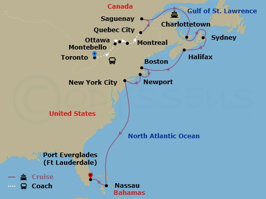 19 Night - Maple Explorer - Tour 2B - Sapphire Princess Tours - Starting in Toronto, Canada, Ottawa, Canada, Montebello, Canada, Montreal, Canada, Quebec City, Canada, Saguenay, Canada, Charlottetown, Canada, Sydney CA, Halifax, Canada, Boston, Massachusetts, Newport, Rhode Island, New York City (Manhattan or Brooklyn), New York, Nassau, Bahamas, Fort Lauderdale, Florida itinerary map