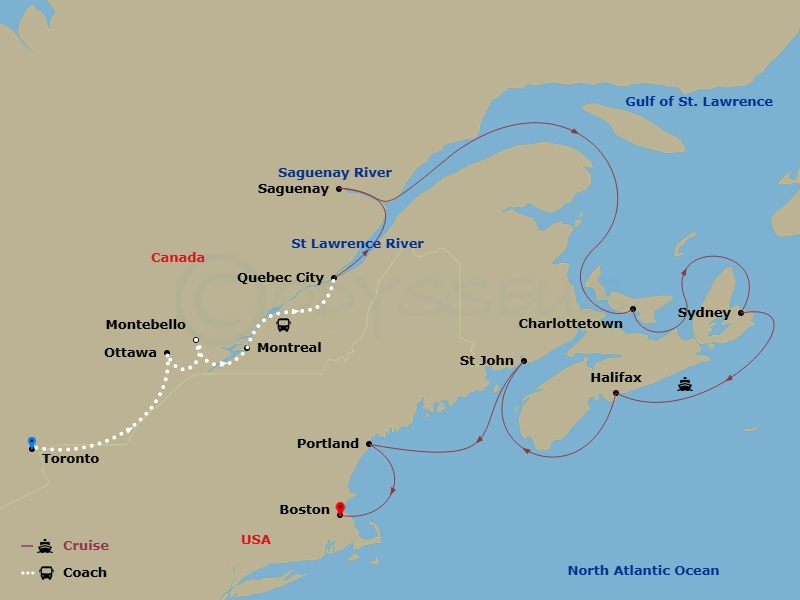 15 Night - Maple Explorer - Tour 2A - Sapphire Princess Tours - Starting in Toronto, Canada, Ottawa, Canada, Montebello, Canada, Montreal, Canada, Quebec City, Canada, Saguenay, Canada, Charlottetown, Canada, Sydney CA, Halifax, Canada, Saint John NB (Bay of Fundy), Portland ME, Boston, Massachusetts itinerary map