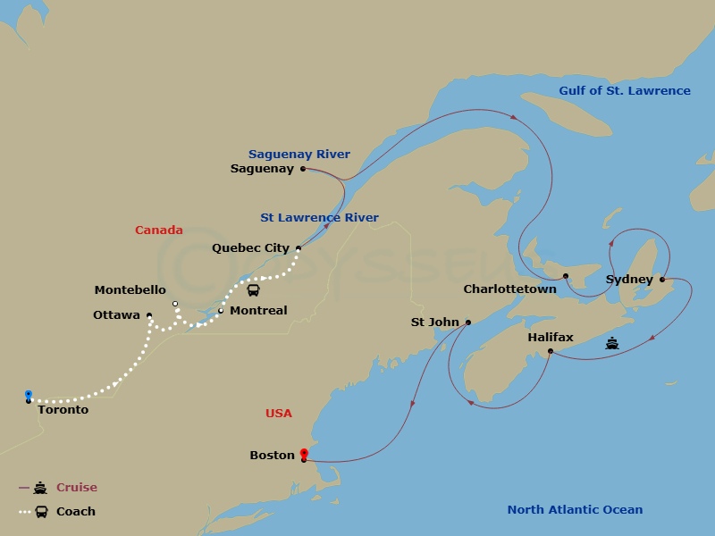 15 Night - Maple Explorer - Tour 2A - Sapphire Princess Tours - Starting in Toronto, Canada, Ottawa, Canada, Montebello, Canada, Montreal, Canada, Quebec City, Canada, Saguenay, Canada, Charlottetown, Canada, Sydney CA, Halifax, Canada, Saint John NB (Bay of Fundy), Boston, Massachusetts itinerary map