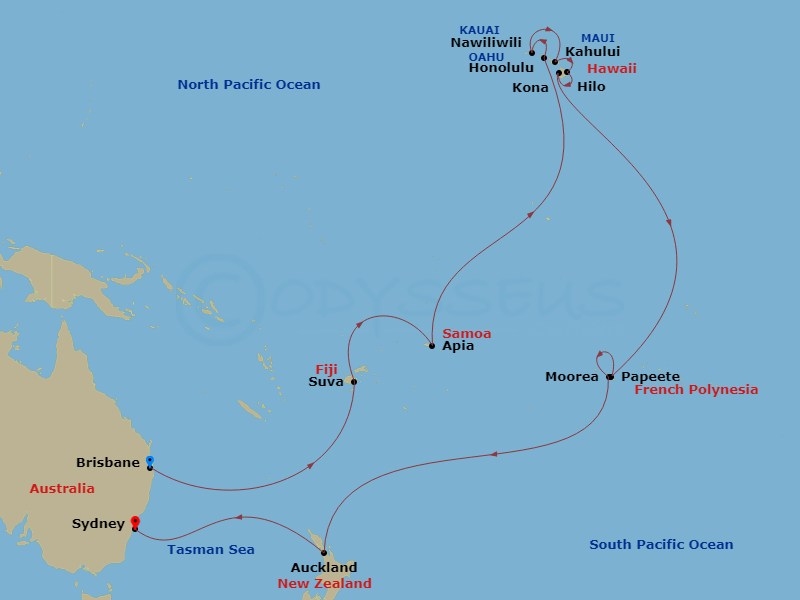 33 Night - Tahiti, Hawaii & South Pacific - Crown Princess - Starting in Brisbane, Australia, Suva, Fiji, Apia, Western Samoa, Cross International Date Line, Honolulu, Hawaii, Kauai (Nawiliwili), Hawaii, Kahului, Hawaii, Hilo, Hawaii, Kona, Hawaii, Tahiti (Papeete), French Polynesia, Moorea, French Polynesia, Cross International Date Line, Auckland, New Zealand, Sydney AU itinerary map