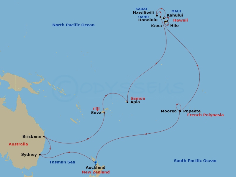 35 Night - Tahiti, Hawaii & South Pacific - Crown Princess - Starting in Auckland, New Zealand, Sydney AU, Brisbane, Australia, Suva, Fiji, Apia, Western Samoa, Cross International Date Line, Honolulu, Hawaii, Kauai (Nawiliwili), Hawaii, Kahului, Hawaii, Hilo, Hawaii, Kona, Hawaii, Tahiti (Papeete), French Polynesia, Moorea, French Polynesia, Cross International Date Line, Auckland, New Zealand itinerary map