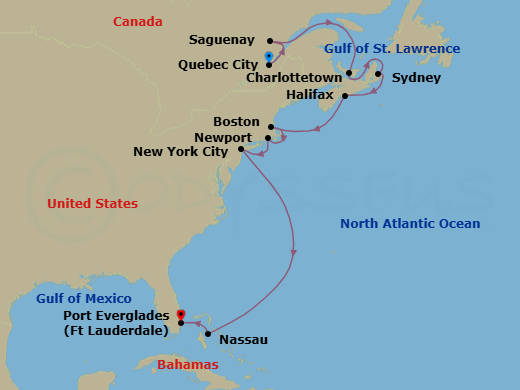 14 Night - Canada & Colonial America - Sapphire Princess - Starting in Quebec City, Canada, Saguenay, Canada, Charlottetown, Canada, Sydney CA, Halifax, Canada, Boston, Massachusetts, Newport, Rhode Island, New York City (Manhattan or Brooklyn), New York, Nassau, Bahamas, Fort Lauderdale, Florida itinerary map
