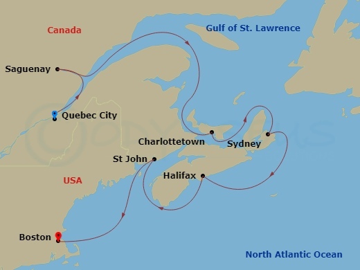 10 Night - Classic Canada & New England - Sapphire Princess - Starting in Quebec City, Canada, Saguenay, Canada, Charlottetown, Canada, Sydney CA, Halifax, Canada, Saint John NB (Bay of Fundy), Boston, Massachusetts itinerary map