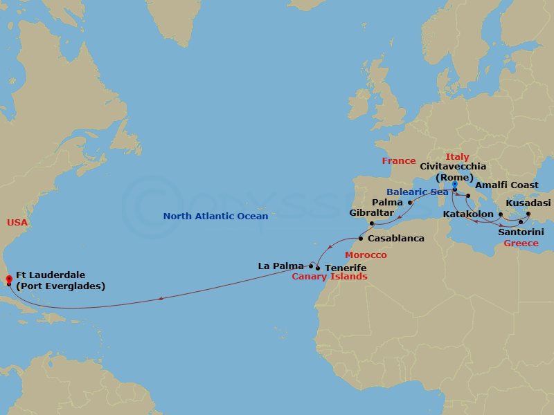 23 Night - Mediterranean, Aegean & Moroccan Passage - Enchanted Princess - Starting in Civitavecchia (for Rome), Italy, Amalfi Coast (Salerno), Santorini, Greece, Kusadasi, Turkey (for Ephesus), Katakolon (for Olympia), Greece, Civitavecchia (for Rome), Italy, Mallorca (Palma), Spain, Gibraltar, Casablanca, Morocco (for Marrakesh), Santa Cruz de Tenerife, La Palma, Canary Islands, Spain, Fort Lauderdale, Florida itinerary map