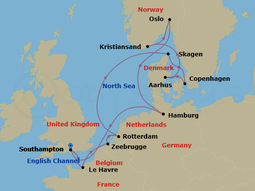 14 Night - Oktoberfest European Capitals - Sky Princess - Starting in Southampton (for London), England, Le Havre (for Paris / Normandy), France, Zeebrugge (for Brussels / Bruges), Belgium, Rotterdam, the Netherlands, Skagen, Denmark, Copenhagen, Denmark, Aarhus, Denmark, Kristiansand, Norway, Oslo, Norway, Hamburg, Germany (for Berlin), Southampton (for London), England itinerary map