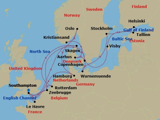 28 Night - Scandinavia & Western Europe Adventure - Sky Princess - Starting in Southampton (for London), England, Skagen, Denmark, Copenhagen, Denmark, Warnemunde (for Berlin), Germany, Stockholm, Sweden, Tallinn, Estonia, Helsinki, Finland, Visby, Sweden, Zeebrugge (for Brussels / Bruges), Belgium, Southampton (for London), England, Le Havre (for Paris / Normandy), France, Zeebrugge (for Brussels / Bruges), Belgium, Rotterdam, the Netherlands, Skagen, Denmark, Copenhagen, Denmark, Aarhus, Denmark, Kristiansand, Norway, Oslo, Norway, Hamburg, Germany (for Berlin), Southampton (for London), England itinerary map