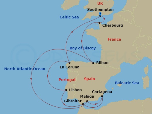 14 Night - Spain, France & Portugal with Total Solar Eclipse - Sky Princess - Starting in Southampton (for London), England, Cherbourg, France, Bilbao, Malaga, Spain, Cartagena ES, Gibraltar, Lisbon, Portugal, La Coruna, Spain (for Santiago de Compostela), Southampton (for London), England itinerary map