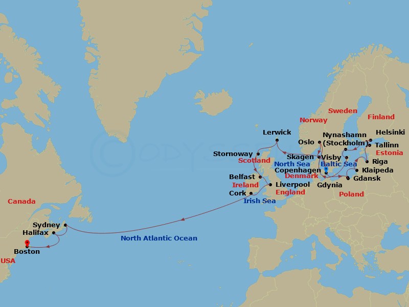 27 Night - British Isles & Northern European Passage - Sapphire Princess - Starting in Copenhagen, Denmark, Gdansk (Gdynia), Poland, Klaipeda, Lithuania, Riga, Latvia, Tallinn, Estonia, Helsinki, Finland, Nynashamn (for Stockholm), Sweden, Visby, Sweden, Oslo, Norway, Skagen, Denmark, Copenhagen, Denmark, Shetland Islands (Lerwick), Scotland, Stornoway, Scotland, Belfast, Northern Ireland, Liverpool, England, Cork, Ireland (Cobh / for Blarney Castle), Sydney CA, Halifax, Canada, Boston, Massachusetts itinerary map