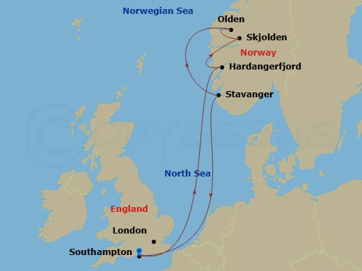 7 Night - Norwegian Fjords - Sky Princess - Starting in Southampton (for London), England, Hardangerfjord (Scenic Cruising), Norway, Skjolden / Sognefjord, Norway, Olden, Norway, Stavanger, Norway, Southampton (for London), England itinerary map