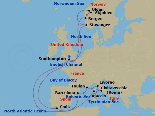 21 Night - Norwegian Fjords & Mediterranean Adventurer - Sky Princess - Starting in Southampton (for London), England, Bergen, Norway, Skjolden / Sognefjord, Norway, Olden, Norway, Stavanger, Norway, Southampton (for London), England, Seville (Cadiz), Spain, Barcelona, Spain, Toulon / Provence (La Seyne), France, Livorno (for Florence / Pisa), Italy, Civitavecchia (for Rome), Italy, Corsica (Ajaccio), France, Southampton (for London), England itinerary map