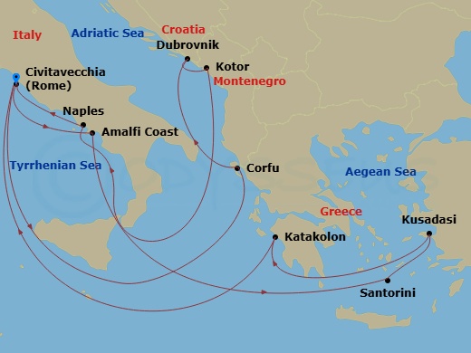 14 Night - Mediterranean, Aegean & Adriatic - Enchanted Princess - Starting in Civitavecchia (for Rome), Italy, Amalfi Coast (Salerno), Santorini, Greece, Kusadasi, Turkey (for Ephesus), Katakolon (for Olympia), Greece, Civitavecchia (for Rome), Italy, Corfu, Greece, Dubrovnik, Croatia, Kotor, Montenegro, Naples, Italy (for Capri and Pompeii), Civitavecchia (for Rome), Italy itinerary map