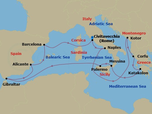 14 Night - Mediterranean & Adriatic with Total Solar Eclipse - Enchanted Princess - Starting in Civitavecchia (for Rome), Italy, Naples, Italy (for Capri and Pompeii), Kotor, Montenegro, Corfu, Greece, Katakolon (for Olympia), Greece, Sicily (Messina), Italy, Sicily (Palermo), Italy, Gibraltar, Alicante, Spain, Barcelona, Spain, Civitavecchia (for Rome), Italy itinerary map