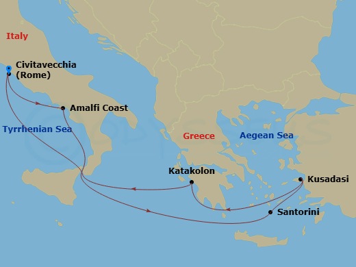 7 Night - Mediterranean & Aegean - Enchanted Princess - Starting in Civitavecchia (for Rome), Italy, Amalfi Coast (Salerno), Santorini, Greece, Kusadasi, Turkey (for Ephesus), Katakolon (for Olympia), Greece, Civitavecchia (for Rome), Italy itinerary map