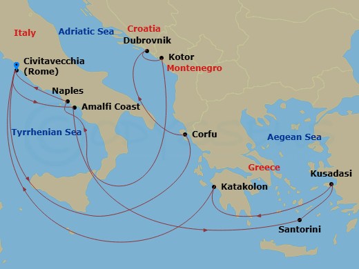 14 Night - Mediterranean, Aegean & Adriatic - Enchanted Princess - Starting in Civitavecchia (for Rome), Italy, Corfu, Greece, Dubrovnik, Croatia, Kotor, Montenegro, Naples, Italy (for Capri and Pompeii), Civitavecchia (for Rome), Italy, Amalfi Coast (Salerno), Santorini, Greece, Kusadasi, Turkey (for Ephesus), Katakolon (for Olympia), Greece, Civitavecchia (for Rome), Italy itinerary map