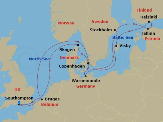 14 Night - Scandinavia - Sky Princess - Starting in Southampton (for London), England, Skagen, Denmark, Copenhagen, Denmark, Warnemunde (for Berlin), Germany, Stockholm, Sweden, Tallinn, Estonia, Helsinki, Finland, Visby, Sweden, Zeebrugge (for Brussels / Bruges), Belgium, Southampton (for London), England itinerary map
