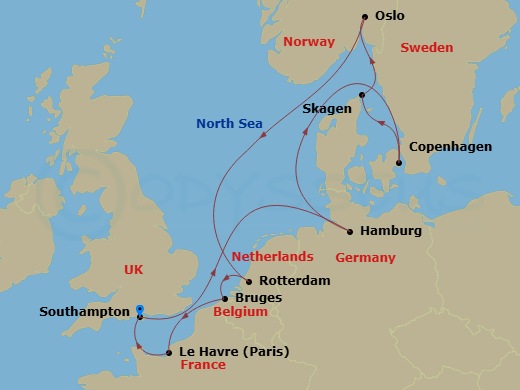 12 Night - European Capitals - Sky Princess - Starting in Southampton (for London), England, Hamburg, Germany (for Berlin), Copenhagen, Denmark, Skagen, Denmark, Oslo, Norway, Rotterdam, the Netherlands, Zeebrugge (for Brussels / Bruges), Belgium, Le Havre (for Paris / Normandy), France, Southampton (for London), England itinerary map