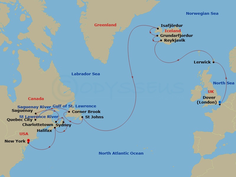 22 Night - World Cruise Segment - London (Dover) to New York - Crown Princess - Starting in Dover UK (for London), England, Shetland Islands (Lerwick), Scotland, Reykjavik, Iceland, Grundarfjordur, Iceland, Isafjordur, Iceland, St Johns NF, Newfoundland, Corner Brook, Canada, Quebec City, Canada, Saguenay, Canada, Charlottetown, Canada, Sydney CA, Halifax, Canada, New York City (Manhattan or Brooklyn), New York itinerary map