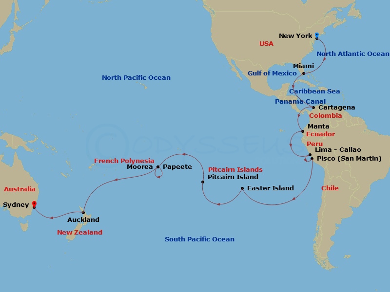 38 Night - World Cruise Segment - New York to Sydney - Crown Princess - Starting in New York City (Manhattan or Brooklyn), New York, Miami, Florida, Cartagena CO, Panama Canal Full Transit New Locks, Manta, Ecuador, Lima (Callao), Peru, Pisco (General San Martin), Peru, Easter Island, Chile, Pitcairn Island (Scenic Cruising), Pitcairn Islands, Tahiti (Papeete), French Polynesia, Moorea, French Polynesia, Cross International Date Line, Auckland, New Zealand, Sydney AU itinerary map