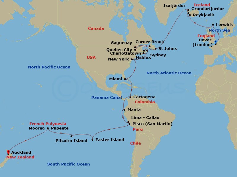 60 Night - World Cruise Liner - London (Dover) to Sydney - Crown Princess - Starting in Dover UK (for London), England, Shetland Islands (Lerwick), Scotland, Reykjavik, Iceland, Grundarfjordur, Iceland, Isafjordur, Iceland, St Johns NF, Newfoundland, Corner Brook, Canada, Quebec City, Canada, Saguenay, Canada, Charlottetown, Canada, Sydney CA, Halifax, Canada, New York City (Manhattan or Brooklyn), New York, Miami, Florida, Cartagena CO, Panama Canal Full Transit New Locks, Manta, Ecuador, Lima (Callao), Peru, Pisco (General San Martin), Peru, Easter Island, Chile, Pitcairn Island (Scenic Cruising), Pitcairn Islands, Tahiti (Papeete), French Polynesia, Moorea, French Polynesia, Cross International Date Line, Auckland, New Zealand, Sydney AU itinerary map