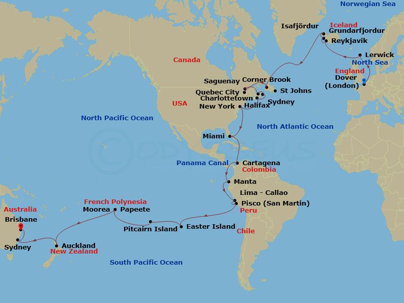 62 Night - World Cruise Liner - London (Dover) to Brisbane - Crown Princess - Starting in Dover UK (for London), England, Shetland Islands (Lerwick), Scotland, Reykjavik, Iceland, Grundarfjordur, Iceland, Isafjordur, Iceland, St Johns NF, Newfoundland, Corner Brook, Canada, Quebec City, Canada, Saguenay, Canada, Charlottetown, Canada, Sydney CA, Halifax, Canada, New York City (Manhattan or Brooklyn), New York, Miami, Florida, Cartagena CO, Panama Canal Full Transit New Locks, Manta, Ecuador, Lima (Callao), Peru, Pisco (General San Martin), Peru, Easter Island, Chile, Pitcairn Island (Scenic Cruising), Pitcairn Islands, Tahiti (Papeete), French Polynesia, Moorea, French Polynesia, Cross International Date Line, Auckland, New Zealand, Sydney AU, Brisbane, Australia itinerary map