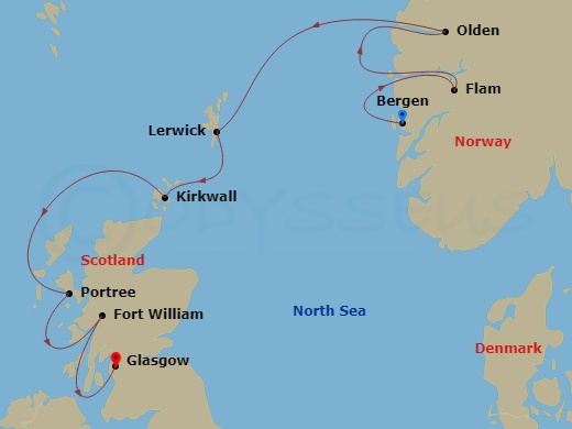 7 Night - Scottish Isles and Norwegian Fjords Voyage - with Smithsonian Journeys - Le Laperouse - Starting in Bergen, Flam, Norway, Olden, Lerwick, Shetland Islands, Kirkwall, Orkney, Portree, Isle of Skye, Fort William, Glasgow, Scotland itinerary map