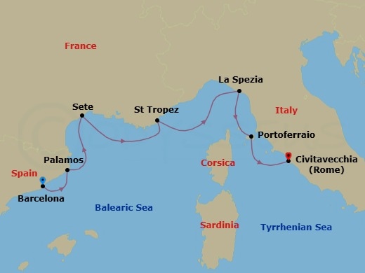7 Night - Mediterranean Symphony - Seven Seas Grandeur - Starting in Barcelona, Palamos, Sete, Saint-Tropez, Cruising the Ligurian Sea, La Spezia (Cinque Terre), Portoferraio (Elba Island), Rome (Civitavecchia) itinerary map