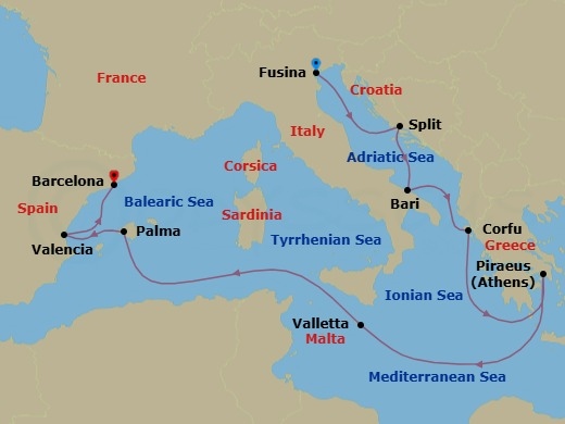 12 Night - Mythos & Melodies - Seven Seas Grandeur - Starting in Venice (Fusina), Cruising the Adriatic Sea, Split, Bari, Corfu, Athens (Piraeus), Cruising the Mediterranean Sea, Valletta, Cruising the Mediterranean Sea, Palma De Mallorca, Valencia, Barcelona itinerary map