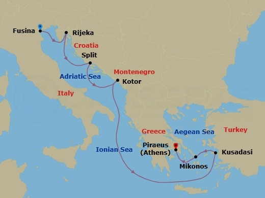7 Night - Lira to Lyre - Seven Seas Grandeur - Starting in Venice (Fusina), Rijeka, Split, Kotor, Cruising the Ionian Sea, Kusadasi, Mykonos, Athens (Piraeus) itinerary map