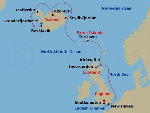 11 Night - Crowned Coastlines - Seven Seas Mariner - Starting in Reykjavik, Grundarfjordur, Isafjordur, Akureyri, Seydisfjodur, Cruising the Atlantic Ocean, Torshavn, Faroe Islands, Kirkwall (Orkney Islands), Invergordon, United Kingdom, Edinburgh (Newhaven), Cruising the North Sea, London (Southampton) itinerary map