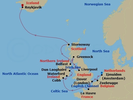 14 Night - Timeless Europe - Seven Seas Mariner - Starting in Amsterdam (Ijmuiden), Bruges (Zeebrugge), London (Dover UK), Paris (Le Havre), Cruising the Celtic Sea, Cork (Cobh), Waterford, Dun Laoghaire, Liverpool, Glasgow (Greenock), Belfast, Stornoway (Hebrides), Cruising the Atlantic Ocean, Reykjavik itinerary map