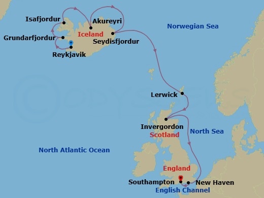 10 Night - North Atlantic Gems - Seven Seas Mariner - Starting in Reykjavik, Grundarfjordur, Isafjordur, Akureyri, Seydisfjodur, Cruising the Norwegian Sea, Lerwick (Shetland Islands), Invergordon, United Kingdom, Edinburgh (Newhaven), Cruising the North Sea, London (Southampton) itinerary map
