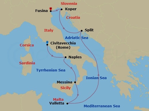 7 Night - Venetian Finale - Seven Seas Grandeur - Starting in Rome (Civitavecchia), Naples / Pompeii, Messina (Sicily), Valletta, Cruising the Ionian Sea, Split, Koper, Venice (Fusina) itinerary map