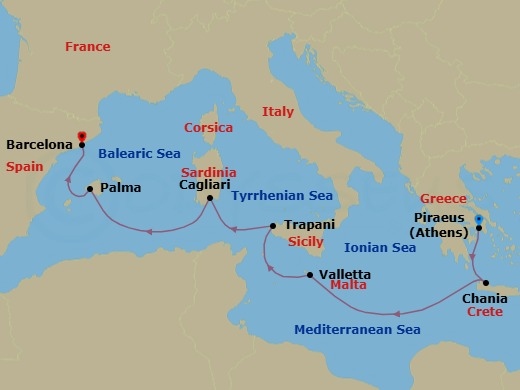 7 Night - Mediterranean Medley - Seven Seas Grandeur - Starting in Athens (Piraeus), Chania (Crete), Cruising the Mediterranean Sea, Valletta, Trapani (Sicily), Cagliari (Sardinia), Palma De Mallorca, Barcelona itinerary map