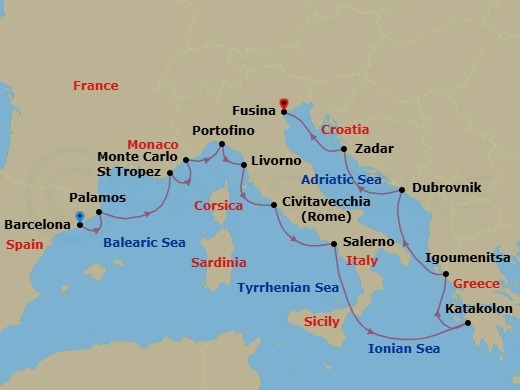 14 Night - Culinary Mediterranean - Seven Seas Grandeur - Starting in Barcelona, Palamos, Saint-Tropez, Monte Carlo, Cruising the Ligurian Sea, Portofino, Tuscany (Livorno), Rome (Civitavecchia), Salerno, Cruising the Ionian Sea, Katakolon, Igoumenitsa, Dubrovnik, Croatia, Zadar, Venice (Fusina) itinerary map