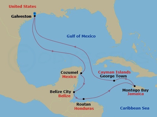 11 Night - Lush Islands, Lovely Shores - Seven Seas Mariner - Starting in Houston (Galveston), Cruising the Gulf, Cozumel, Mexico, Belize City, Roatan, Cruising the Caribbean Sea, Montego Bay, George Town, Cruising the Caribbean Sea, Houston (Galveston) itinerary map
